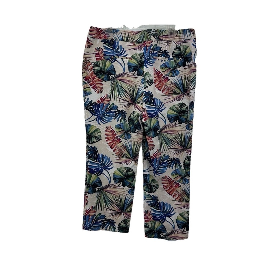Chico's Cream Capri Pants with Blue and Coral Leaf Print - Picture 2 of 7